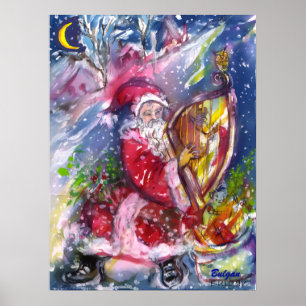 Pôster SANTA CLAUS PLAYING HARP IN MOONLIGHT Christmas
