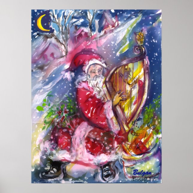 Pôster SANTA CLAUS PLAYING HARP IN MOONLIGHT Christmas (Frente)