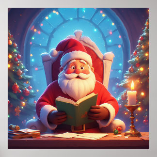 Poster Santa Claus Reading a Book by Candlelight