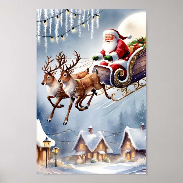 Poster Santa Claus & Reindeer Ride Snowy Sceny Wall Art (Frente)