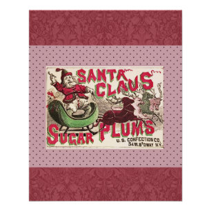Pôster Santa Claus Vintage Ilustração Sleigh