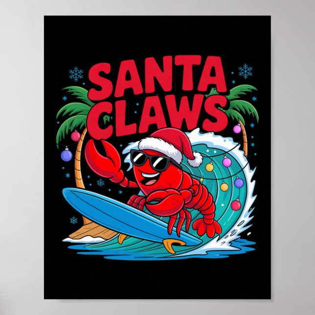 Poster Santa Claws Lagosta Divertida de Natal Com Palmeir (Frente)