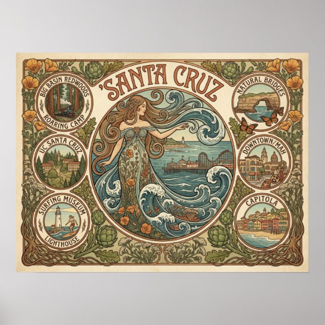 Poster Santa Cruz California Art‑Nouveau Coast (Frente)