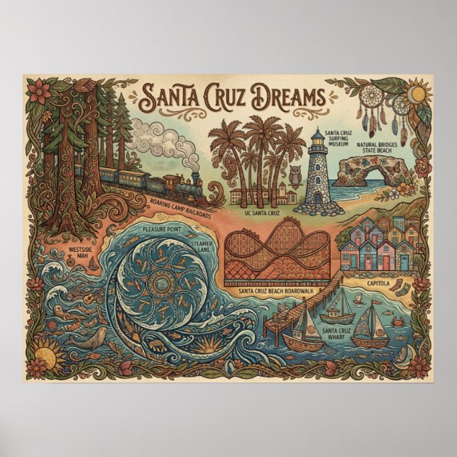 Poster Santa Cruz California Dreams Map – Vibrant Coast (Frente)