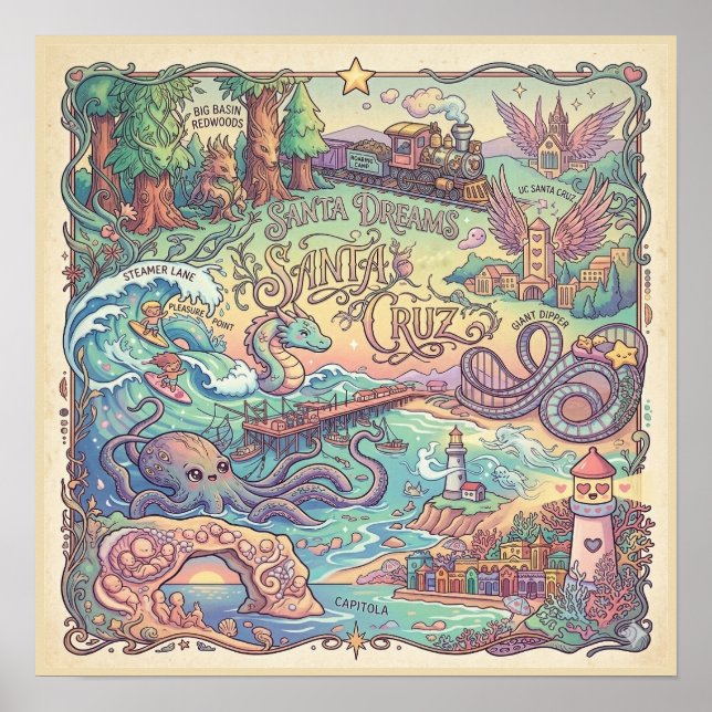 Poster Santa Cruz California Illustrated Map Dreamscape  (Frente)