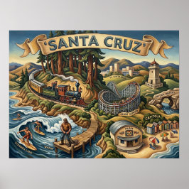 Poster Santa Cruz California Illustrated Map UCSC Wharf