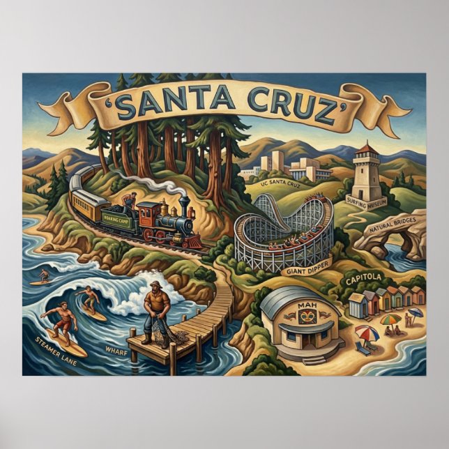 Poster Santa Cruz California Illustrated Map UCSC Wharf (Frente)