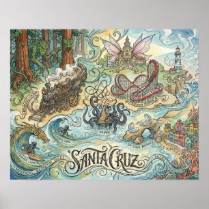 Poster Santa Cruz Califórnia Mapa Ilustrado Mítico