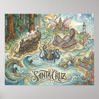 Poster Santa Cruz Califórnia Mapa Ilustrado Mítico