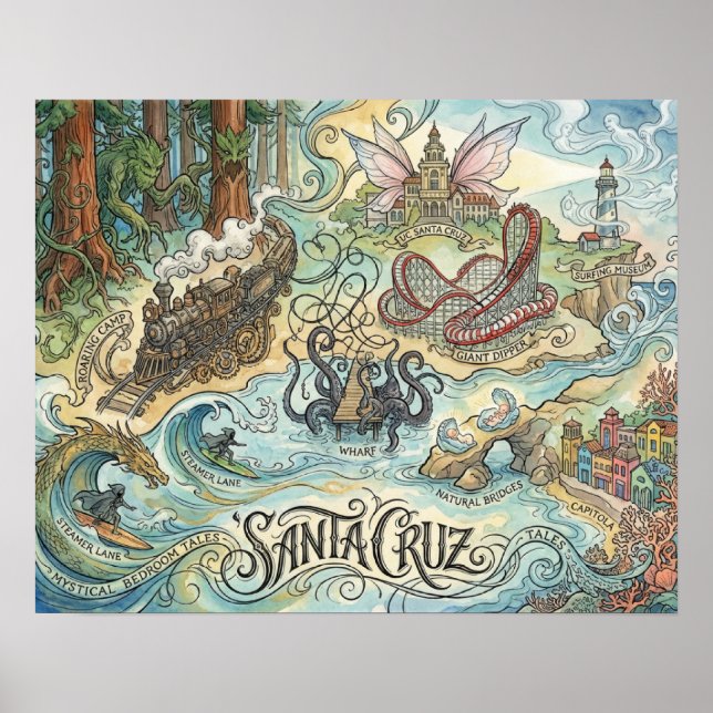 Poster Santa Cruz Califórnia Mapa Ilustrado Mítico (Frente)