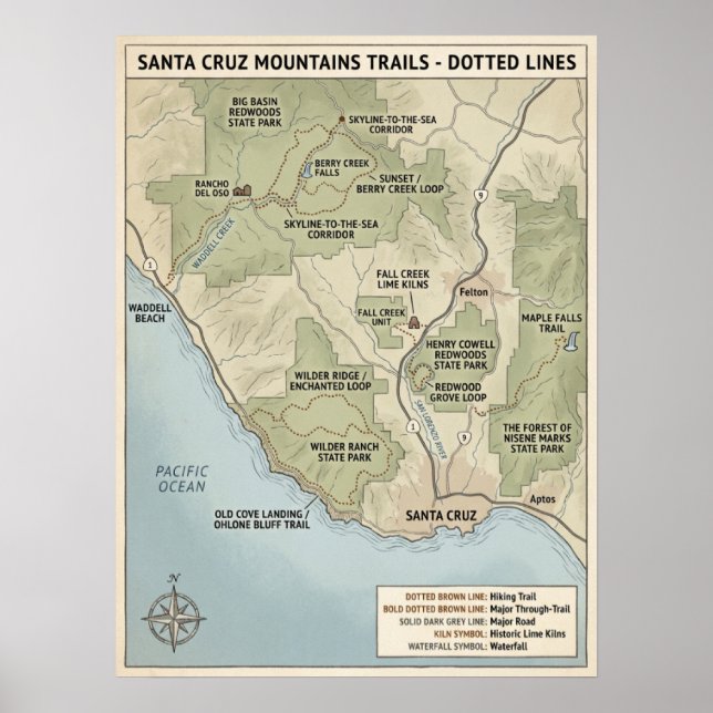 Poster Santa Cruz California Trail Map Redwood & Coastal  (Frente)