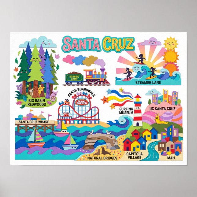 Poster Santa Cruz Illustrated Map Boardwalk Beach Surfing (Frente)
