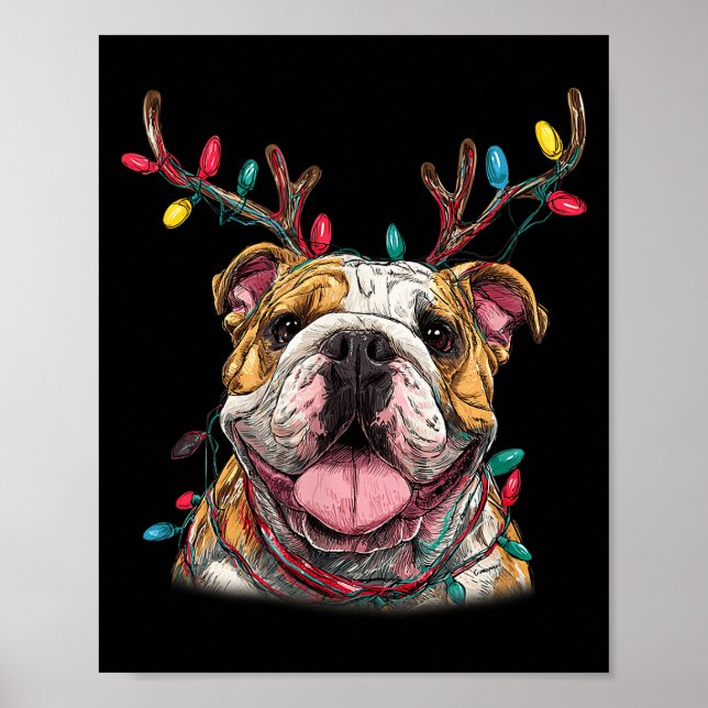 Poster Santa English Bulldog Reindeer Light Christmas  (Frente)
