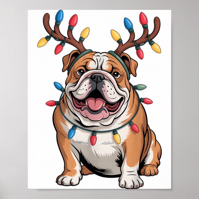 Poster Santa English Bulldog Reindeer Light Christmas  (Frente)