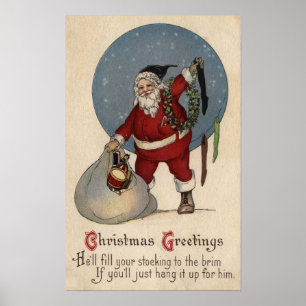 Poster Santa Filling Stocking to the Brim