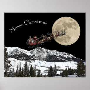 Poster Santa flying high over the moon