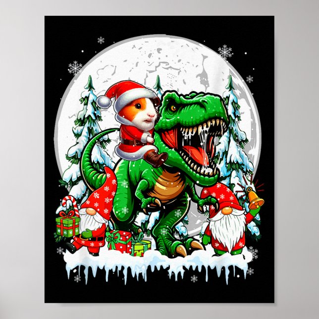 Poster Santa Guinea G Riding T-rex Gnomes Christmas Trees (Frente)