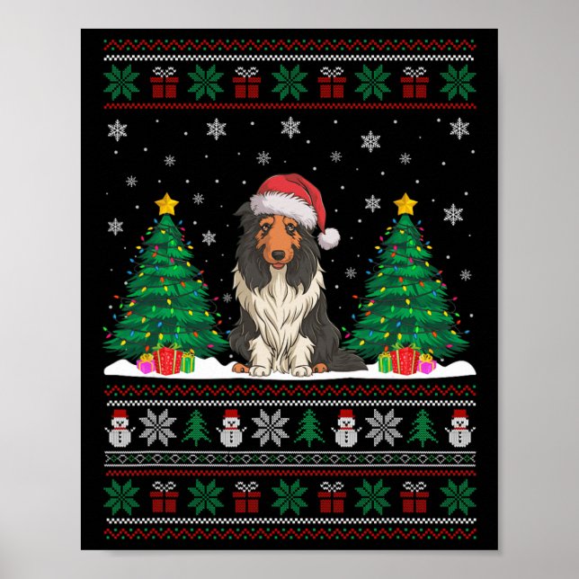 Poster Santa Hat Bearded Collie Dog Xmas Tree Luzes Feias (Frente)