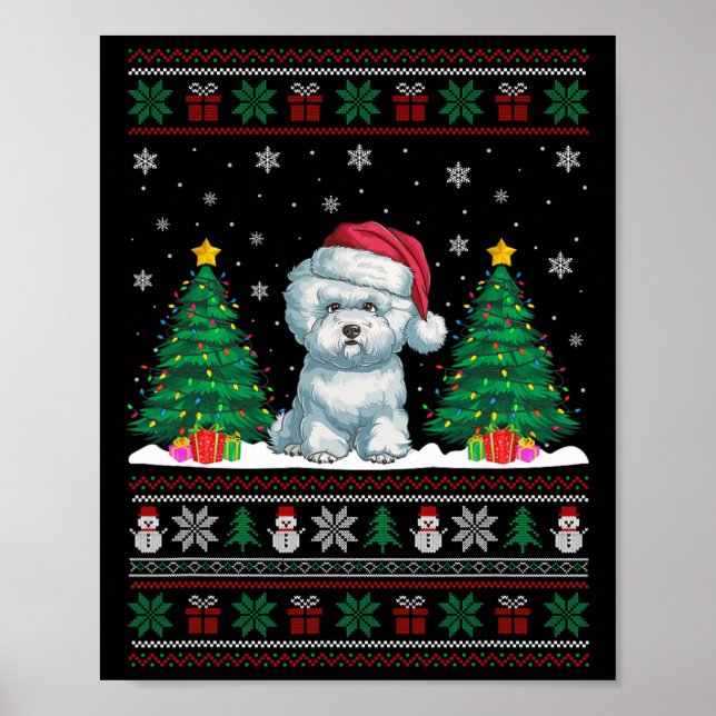 Poster Santa Hat Bichon Frise Cog Xmas Tree Luzes Feias (Frente)
