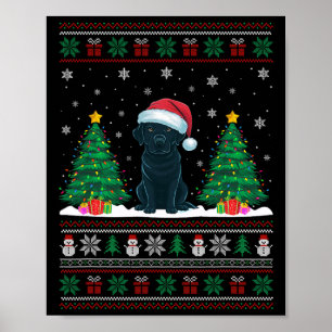 Poster Santa Hat Black Labrador Dog Xmas Tree Luzes Feias