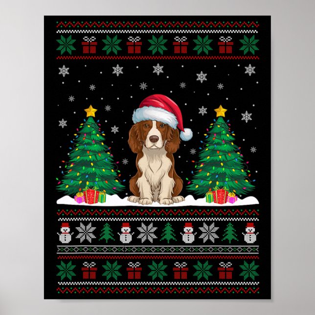 Poster Santa Hat Brittany Spaniel Dog Xmas Tree Lights Ug (Frente)
