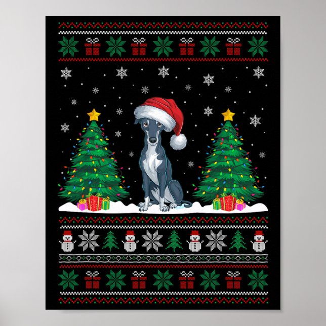Poster Santa Hat Greyhound Cachorro Árvore de Natal Luzes (Frente)