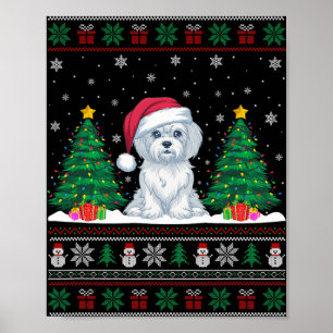 Poster Santa Hat Maltês Cachorro Árvore de Natal Luz Feia
