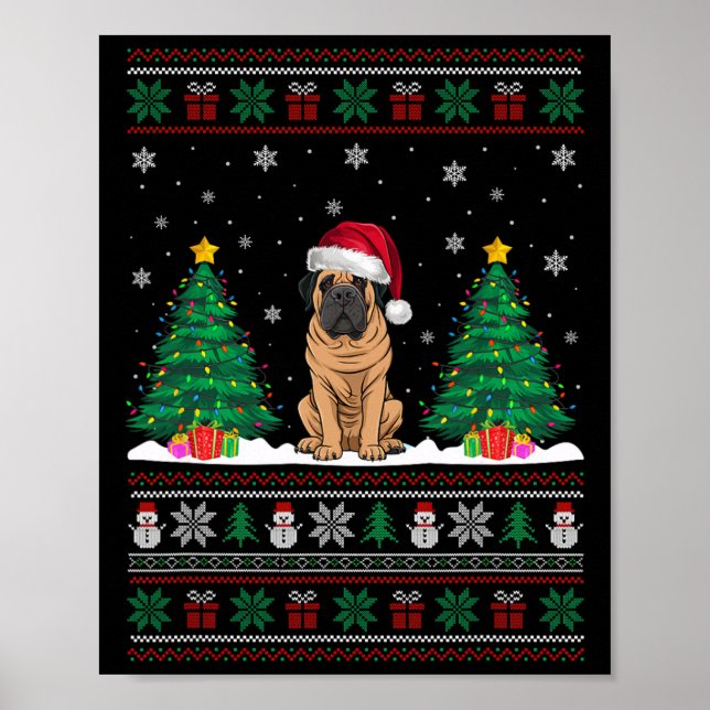 Poster Santa Hat Mastiff Cachorro Árvore de Natal Luzes F (Frente)