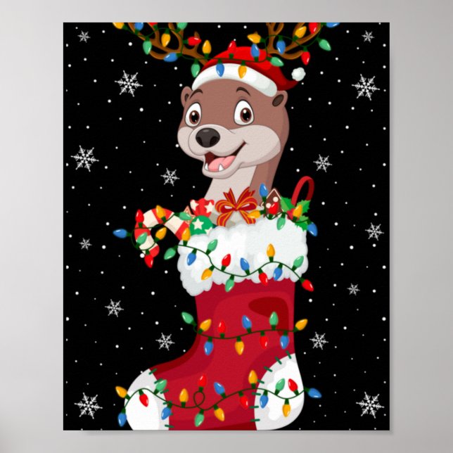 Poster Santa Hat Otter Animal In Socks Xmas Tree Lights  (Frente)