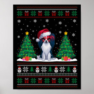 Poster Santa Hat Papillon Cachorro Árvore de Natal Luzes