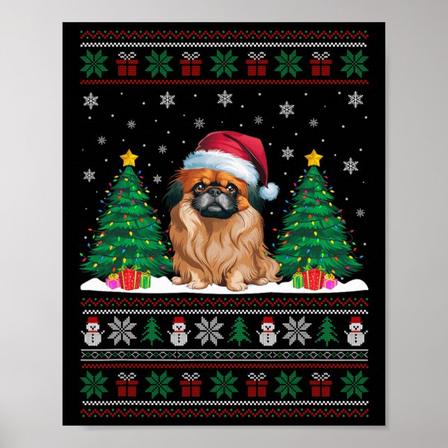 Poster Santa Hat Pekingese Cachorro Árvore de Natal Luzes (Frente)