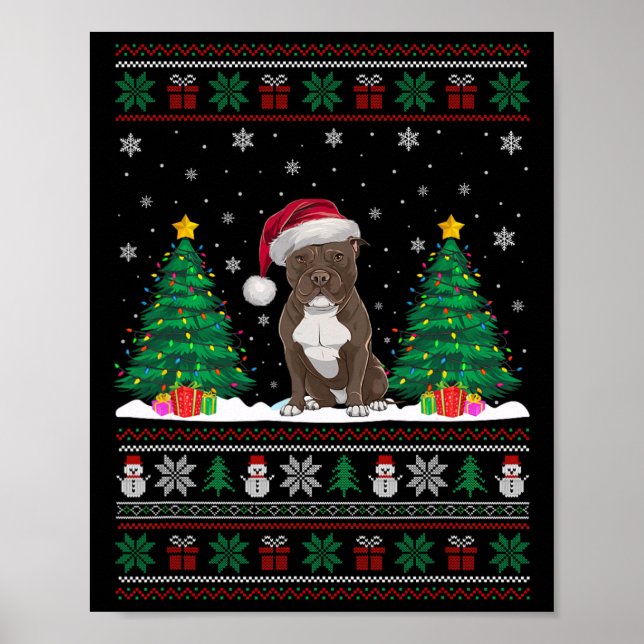 Poster Santa Hat Pitbull Cão Árvore de Natal Luzes Feias (Frente)