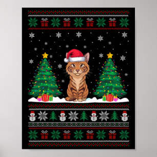 Poster Santa Hat Savannah Cat Árvore de Natal Luzes Feias