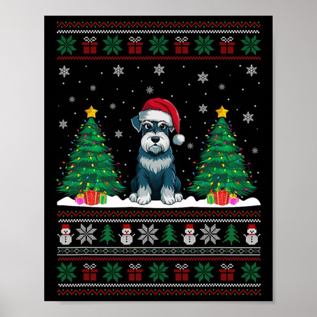 Poster Santa Hat Schnauzer Cachorro Árvore de Natal Luzes (Frente)