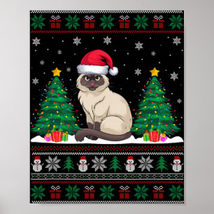 Poster Santa Hat Siamese Cat Árvore de Natal Luzes Feias