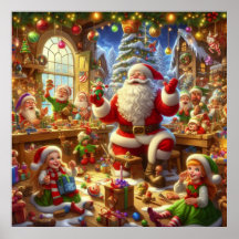 Santa in His Christmas Workshop With Toys Wall