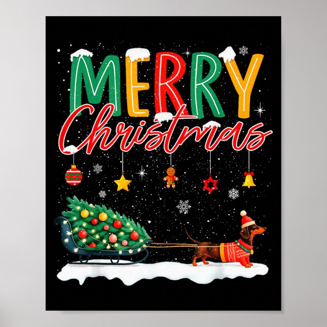 Poster Santa Merry Christmas Dachshund Sleigh Dog Lover X (Frente)