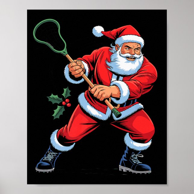 Poster Santa Playing Lacrosse Funny Holiday Christmas Xma (Frente)