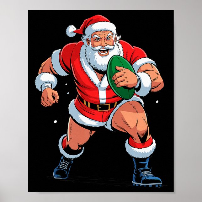 Poster Santa Playing Rugby Funny Holiday Christmas Xmas P (Frente)