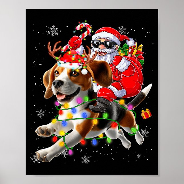 Poster Santa Riding Beagle Christmas Lights Funny Dog Xma (Frente)