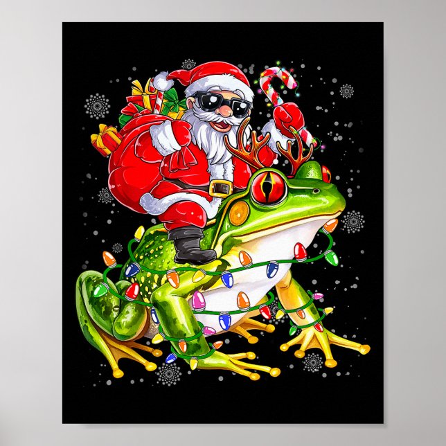 Poster Santa Riding Frog Christmas Lights Funny Xmas Tree (Frente)