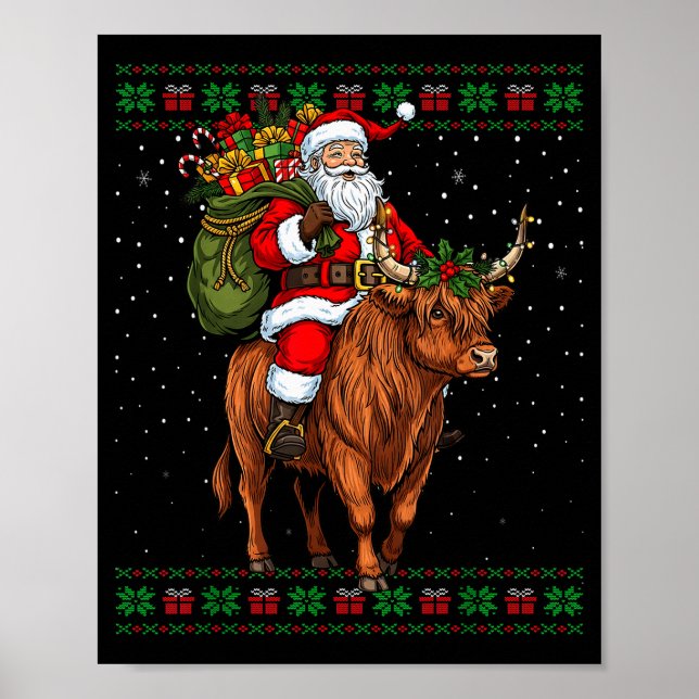 Poster Santa Riding Highland Cow Ugly Christmas Sweater  (Frente)