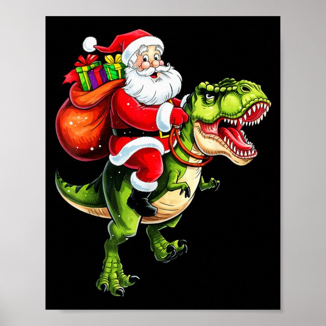 Poster Santa Riding T Rex Christmas Funny Xmas Kids Boys  (Frente)