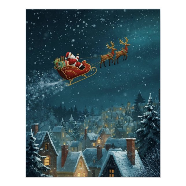 Pôster Santa’s Sleigh over the town Poster (Frente)