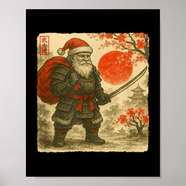 Poster Santa Samurai Japanese Warrior Costume Sumi-e Art  (Frente)