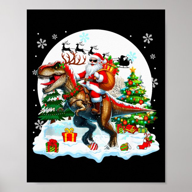 Poster Santa Sungles Riding T-rex Reindeer Christmas Snow (Frente)