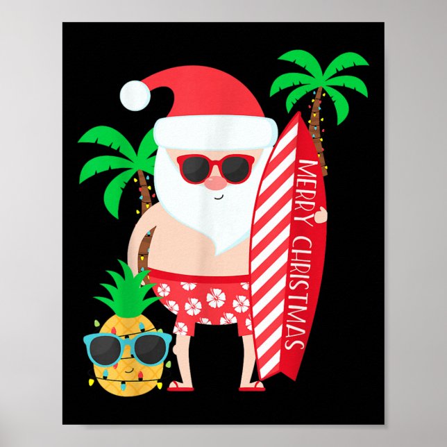 Poster Santa Surfing Hawaiian Beach Christmas In July Tro (Frente)