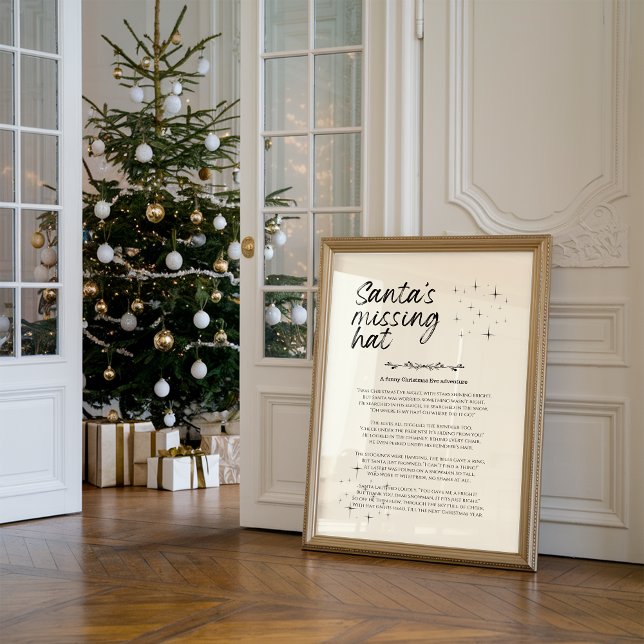 Poster Santa's Missing Hat Funny Christmas Print (Against the wall, there is a framed funny Christmas print titled “Santa's missing hat")