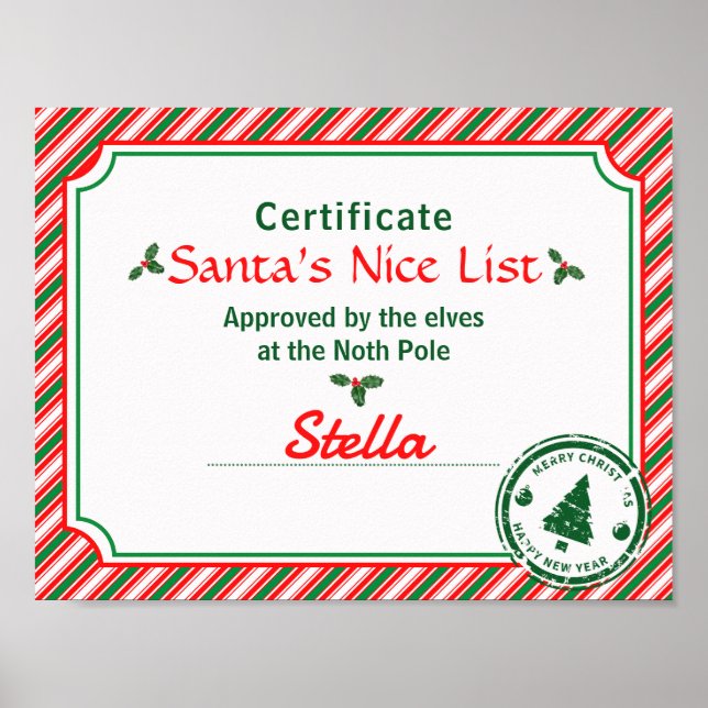 Poster Santa's Nice List Certificate Red Green Candy Cane (Frente)