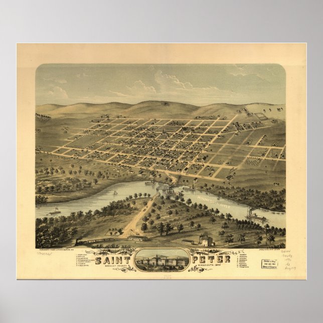 Pôster santo 1870 Peter, MN Birds Eye Ver Mapa Panorâmico (Frente)